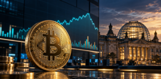 Bitcoin-Münze vor einem stilisierten Börsenchart und dem Reichstagsgebäude