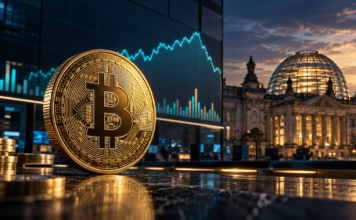Bitcoin-Münze vor einem stilisierten Börsenchart und dem Reichstagsgebäude
