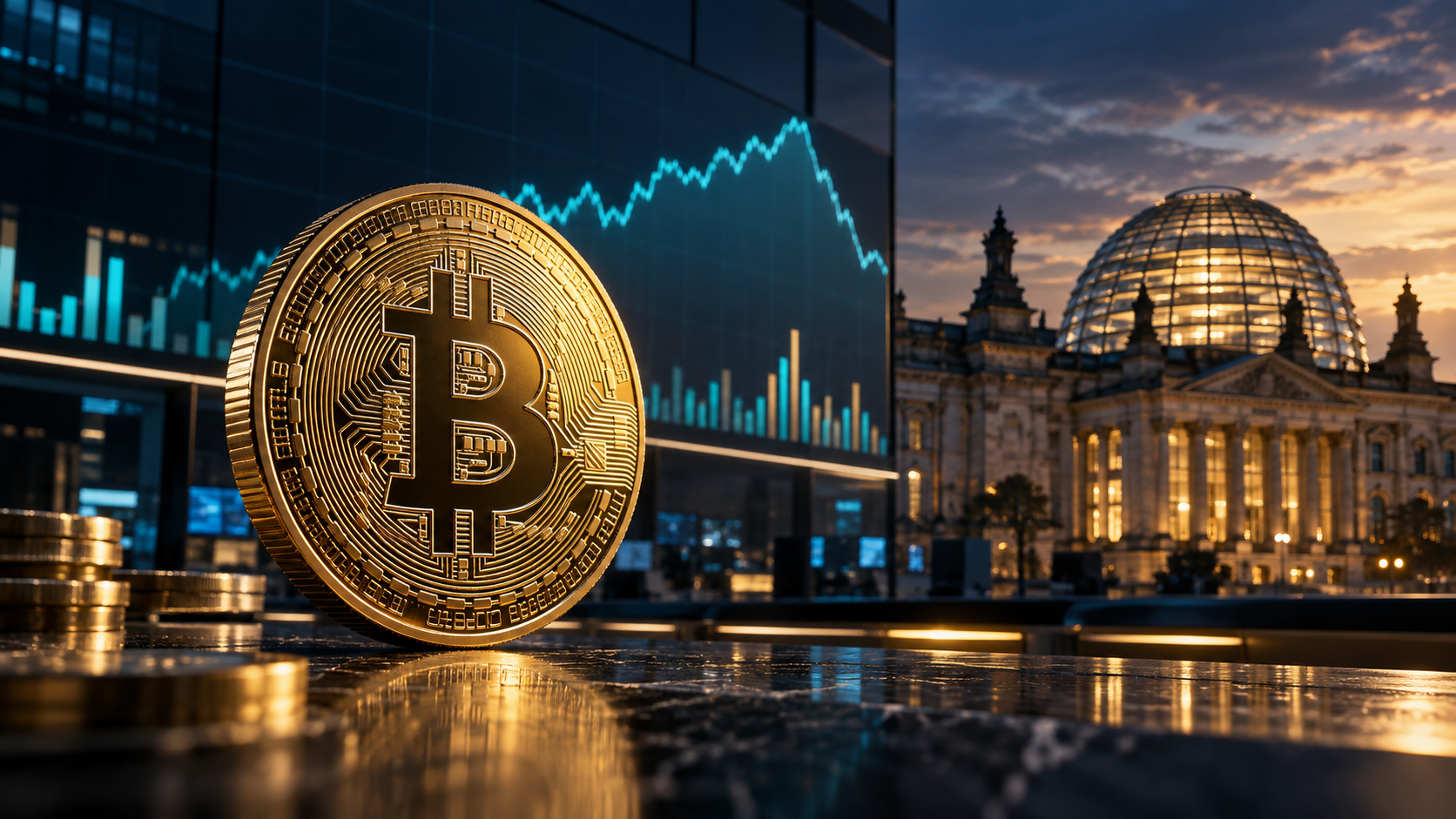 Bitcoin-Münze vor einem stilisierten Börsenchart und dem Reichstagsgebäude