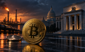 Krypto-Woche der Entscheidungen: Diese drei Ereignisse werden für Bitcoin wichtig Bitcoin und Ethereum vor einer Ölraffinerie, dem US-Kapitol und der Federal Reserve