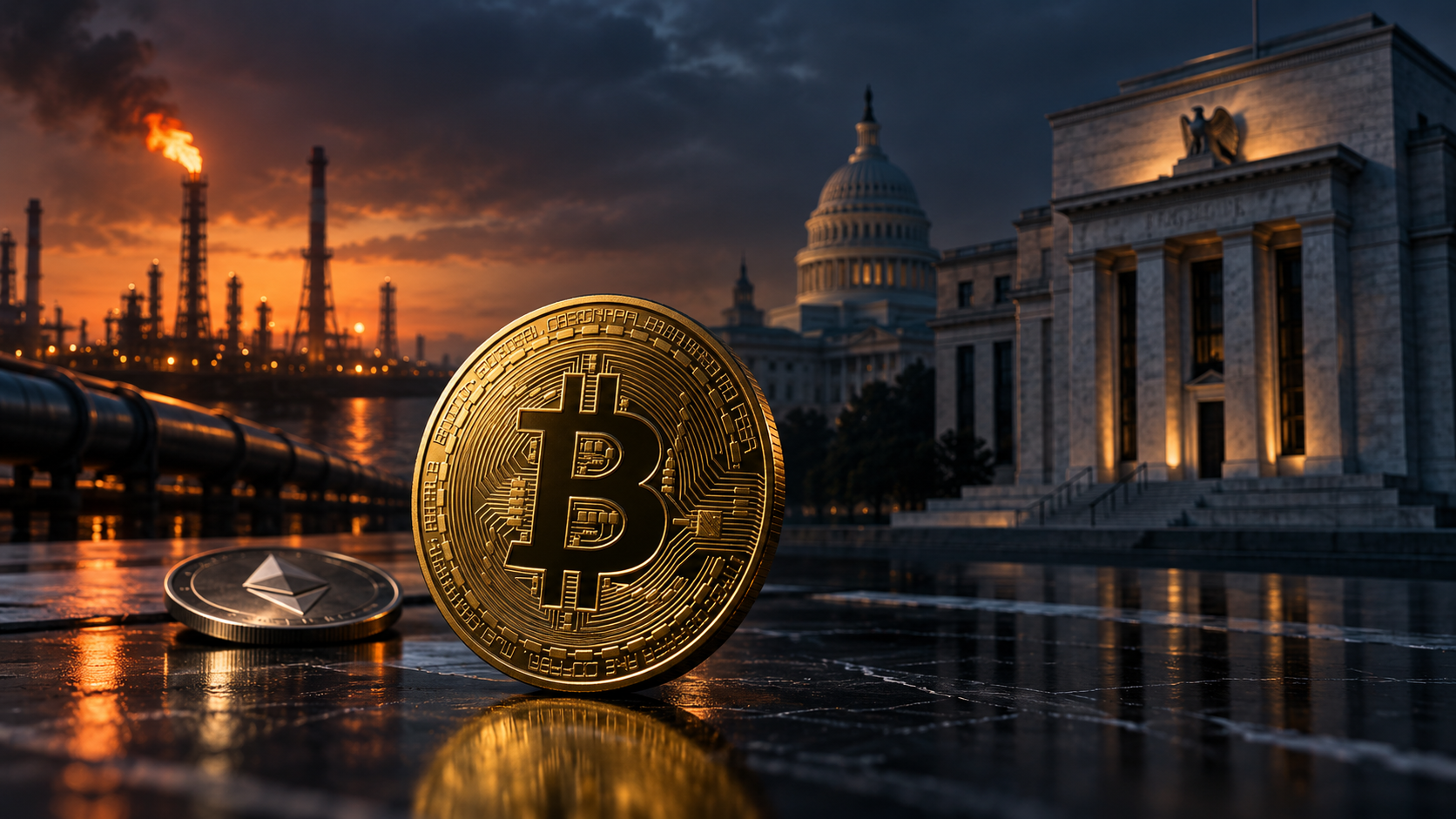Bitcoin und Ethereum vor einer Ölraffinerie, dem US-Kapitol und der Federal Reserve