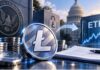 Grayscale plant Litecoin ETF und Umwandlung des LTC Trust Litecoin-Logo mit SEC-Symbolik und ETF-Darstellung vor dem US-Kapitol