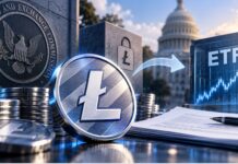 Litecoin-Logo mit SEC-Symbolik und ETF-Darstellung vor dem US-Kapitol