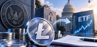 Grayscale plant Litecoin ETF und Umwandlung des LTC Trust Litecoin-Logo mit SEC-Symbolik und ETF-Darstellung vor dem US-Kapitol