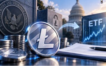 Grayscale plant Litecoin ETF und Umwandlung des LTC Trust Litecoin-Logo mit SEC-Symbolik und ETF-Darstellung vor dem US-Kapitol