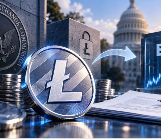 Grayscale plant Litecoin ETF und Umwandlung des LTC Trust Litecoin-Logo mit SEC-Symbolik und ETF-Darstellung vor dem US-Kapitol