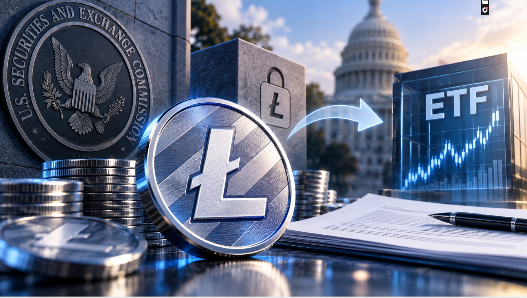 Litecoin-Logo mit SEC-Symbolik und ETF-Darstellung vor dem US-Kapitol