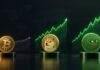 Illustration im Bloomberg-Stil mit Bitcoin-, Dogecoin- und Pepe-Logos vor ansteigenden Kursgrafiken, wobei Dogecoin und Pepe eine deutlich stärkere Performance als Bitcoin zeigen.