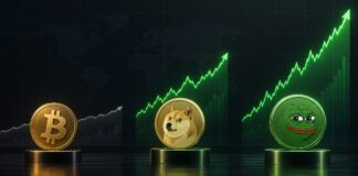 Illustration im Bloomberg-Stil mit Bitcoin-, Dogecoin- und Pepe-Logos vor ansteigenden Kursgrafiken, wobei Dogecoin und Pepe eine deutlich stärkere Performance als Bitcoin zeigen.