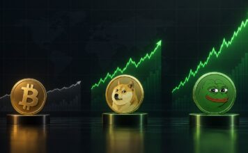 Illustration im Bloomberg-Stil mit Bitcoin-, Dogecoin- und Pepe-Logos vor ansteigenden Kursgrafiken, wobei Dogecoin und Pepe eine deutlich stärkere Performance als Bitcoin zeigen.