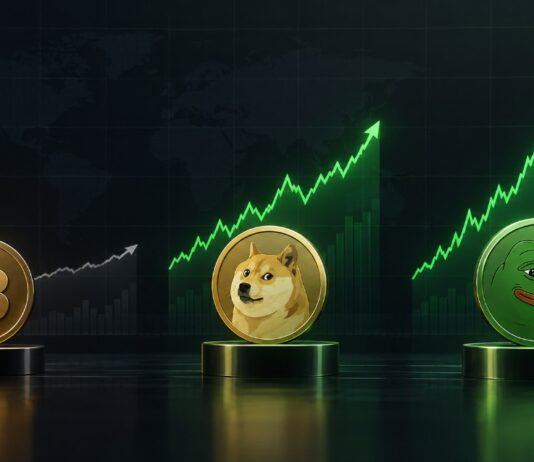 Illustration im Bloomberg-Stil mit Bitcoin-, Dogecoin- und Pepe-Logos vor ansteigenden Kursgrafiken, wobei Dogecoin und Pepe eine deutlich stärkere Performance als Bitcoin zeigen.