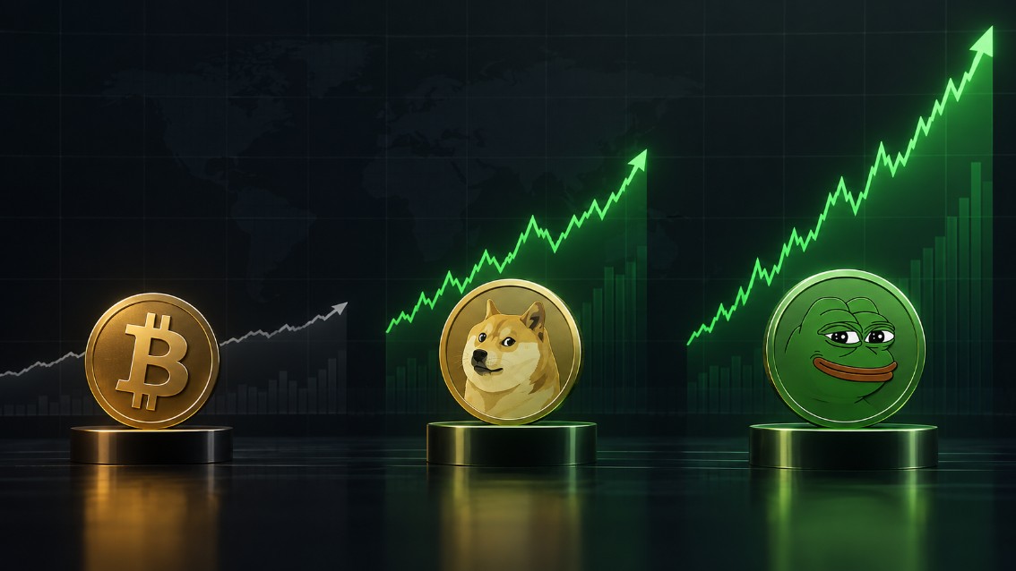 Illustration im Bloomberg-Stil mit Bitcoin-, Dogecoin- und Pepe-Logos vor ansteigenden Kursgrafiken, wobei Dogecoin und Pepe eine deutlich stärkere Performance als Bitcoin zeigen.