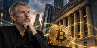 Illustration von Michael Saylor vor einem Bankgebäude und einem Bitcoin-Symbol