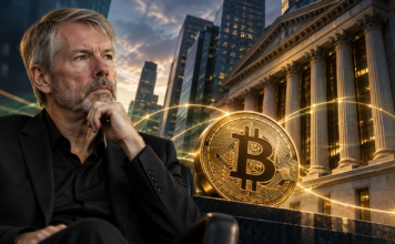 Illustration von Michael Saylor vor einem Bankgebäude und einem Bitcoin-Symbol
