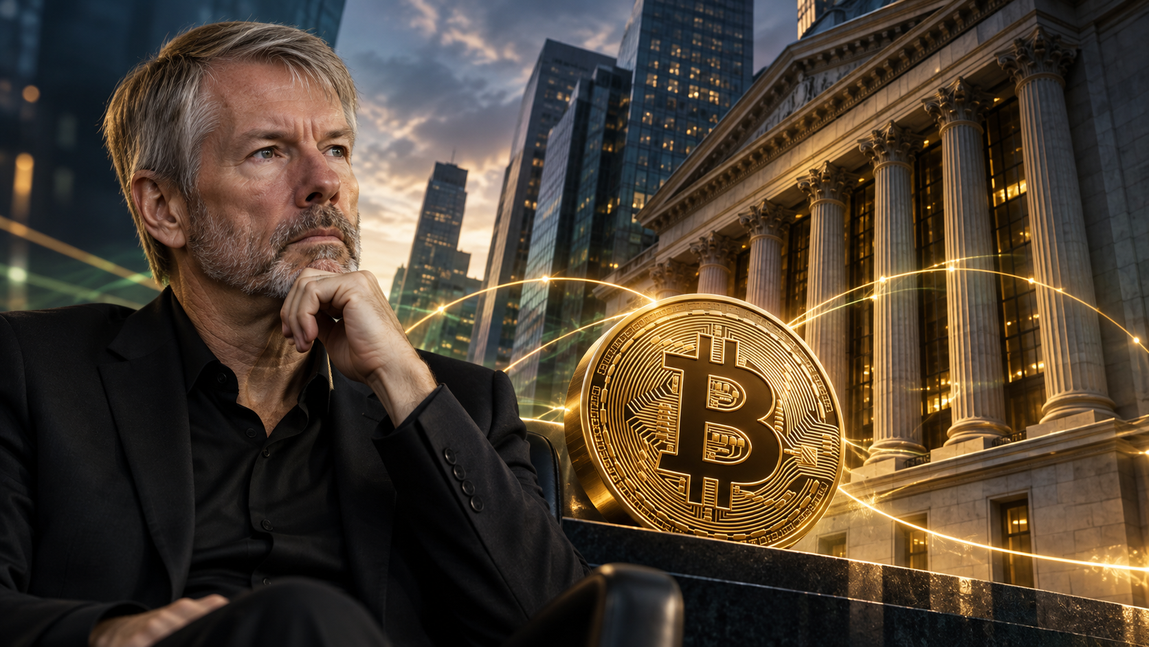 Illustration von Michael Saylor vor einem Bankgebäude und einem Bitcoin-Symbol