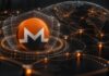 Monero-Logo in einem dunklen digitalen Netzwerk mit leuchtenden Verbindungen als Symbol für mehr Privatsphäre und schwerer nachvollziehbare Transaktionen.