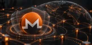 Monero-Logo in einem dunklen digitalen Netzwerk mit leuchtenden Verbindungen als Symbol für mehr Privatsphäre und schwerer nachvollziehbare Transaktionen.