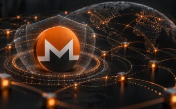 Monero-Logo in einem dunklen digitalen Netzwerk mit leuchtenden Verbindungen als Symbol für mehr Privatsphäre und schwerer nachvollziehbare Transaktionen.