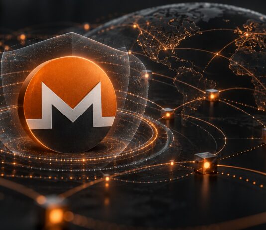 Monero-Logo in einem dunklen digitalen Netzwerk mit leuchtenden Verbindungen als Symbol für mehr Privatsphäre und schwerer nachvollziehbare Transaktionen.