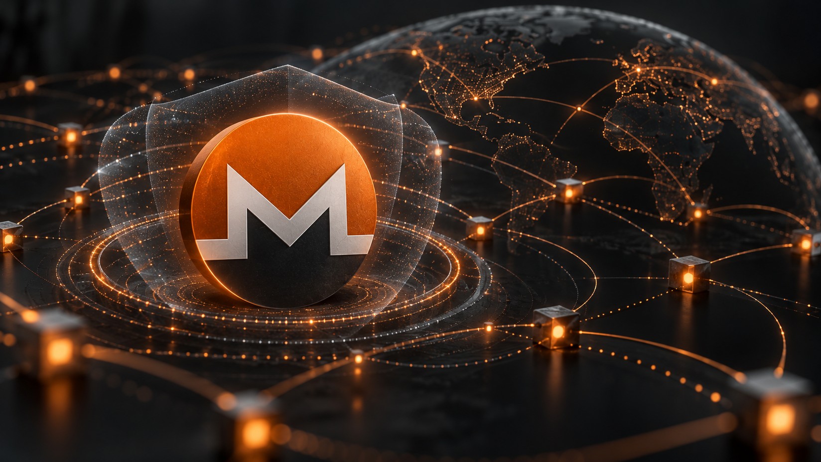 Monero-Logo in einem dunklen digitalen Netzwerk mit leuchtenden Verbindungen als Symbol für mehr Privatsphäre und schwerer nachvollziehbare Transaktionen.