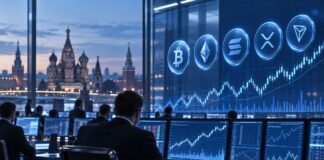 Krypto-Futures an der Moskauer Börse mit Bitcoin, Ethereum, Solana, XRP und Tron vor Moskauer Skyline