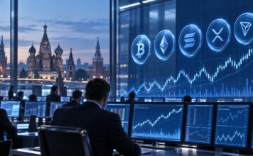 Krypto-Futures an der Moskauer Börse mit Bitcoin, Ethereum, Solana, XRP und Tron vor Moskauer Skyline