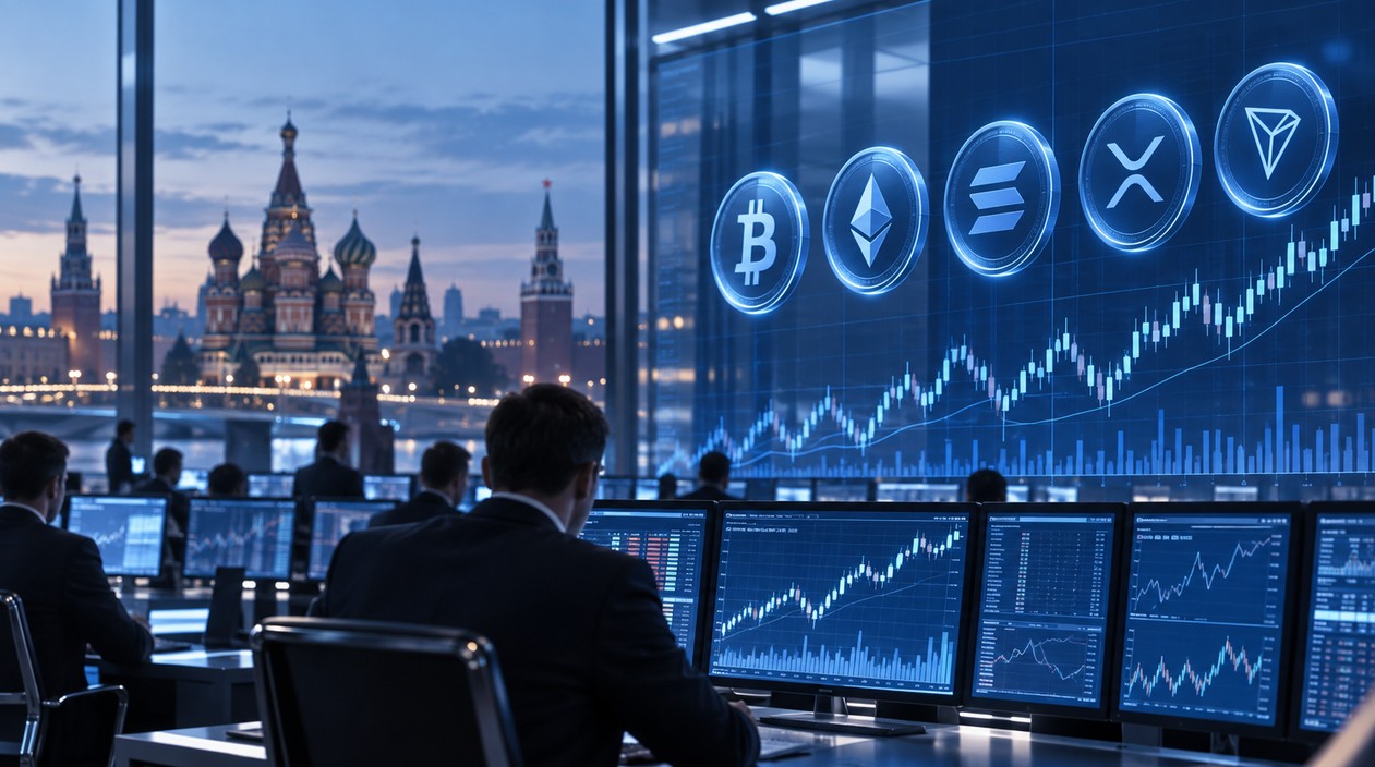 Krypto-Futures an der Moskauer Börse mit Bitcoin, Ethereum, Solana, XRP und Tron vor Moskauer Skyline