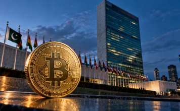 Bitcoin bei der UN: Pakistan hält an Reserveplänen fest Bitcoin-Münze vor dem UN-Hauptquartier in New York, daneben die pakistanische Flagge