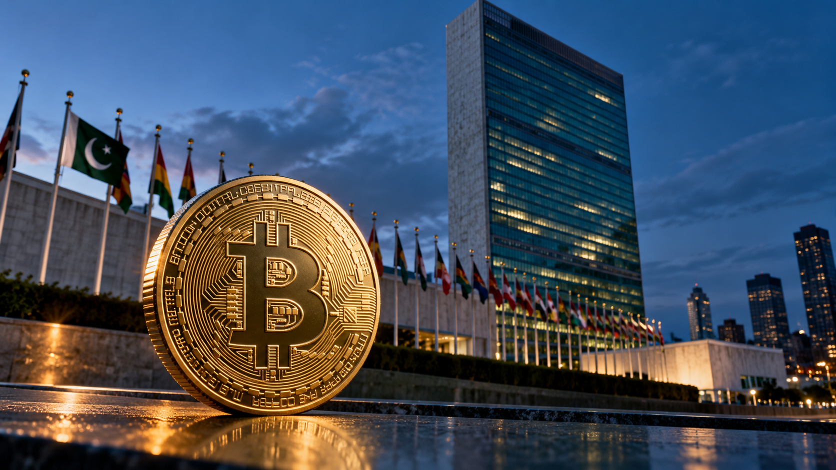 Bitcoin-Münze vor dem UN-Hauptquartier in New York, daneben die pakistanische Flagge