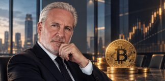 Peter Schiff: ‘Strategy wird Bitcoin zeitnah dumpen’ Peter Schiff vor Bitcoin-Münzen und Finanzchart im Umfeld von Strategy