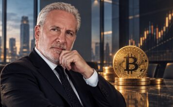 Peter Schiff: ‘Strategy wird Bitcoin zeitnah dumpen’ Peter Schiff vor Bitcoin-Münzen und Finanzchart im Umfeld von Strategy