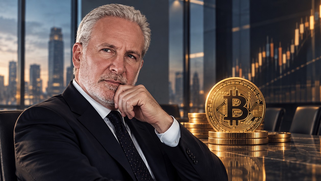 Peter Schiff vor Bitcoin-Münzen und Finanzchart im Umfeld von Strategy