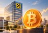 Bitcoin-Handel bei Raiffeisen-Banken mit Bitcoin-Symbol, RBI-Logo und Bankgebäude