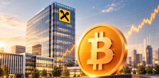 Bitcoin-Handel bei Raiffeisen-Banken mit Bitcoin-Symbol, RBI-Logo und Bankgebäude