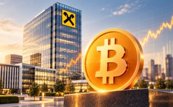Bitcoin-Handel bei Raiffeisen-Banken mit Bitcoin-Symbol, RBI-Logo und Bankgebäude