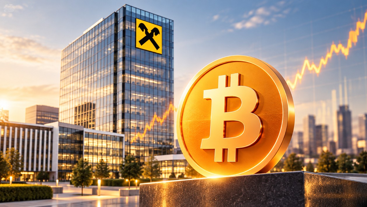 Bitcoin-Handel bei Raiffeisen-Banken mit Bitcoin-Symbol, RBI-Logo und Bankgebäude