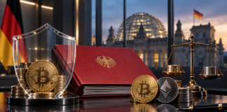 BREAKING: Krypto-Haltefrist soll fallen, Bestandsschutz für Altkäufe geplant Bundesfinanzminister Lars Klingbeil mit Bitcoin, Ethereum und einem symbolischen Krypto-Steuerentwurf vor dem Reichstag