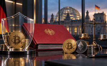 BREAKING: Krypto-Haltefrist soll fallen, Bestandsschutz für Altkäufe geplant Bundesfinanzminister Lars Klingbeil mit Bitcoin, Ethereum und einem symbolischen Krypto-Steuerentwurf vor dem Reichstag