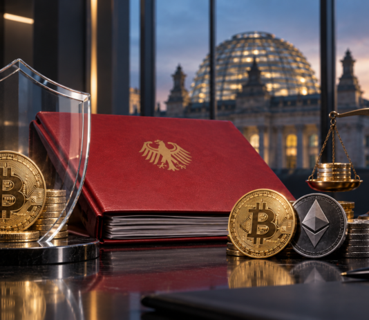 Bundesfinanzminister Lars Klingbeil mit Bitcoin, Ethereum und einem symbolischen Krypto-Steuerentwurf vor dem Reichstag