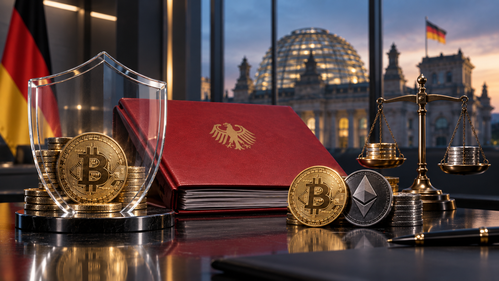Bundesfinanzminister Lars Klingbeil mit Bitcoin, Ethereum und einem symbolischen Krypto-Steuerentwurf vor dem Reichstag
