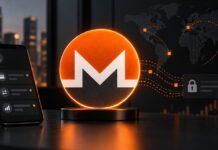 Revolut-Hacker fordern 6.000 Monero nach Datendiebstahl Illustration eines leuchtenden Monero-Logos auf einem Schreibtisch neben einem Smartphone, umgeben von digitalen Datenströmen vor dunklem Finanzhintergrund.