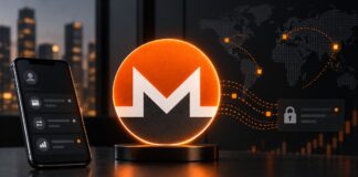 Revolut-Hacker fordern 6.000 Monero nach Datendiebstahl Illustration eines leuchtenden Monero-Logos auf einem Schreibtisch neben einem Smartphone, umgeben von digitalen Datenströmen vor dunklem Finanzhintergrund.