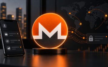 Revolut-Hacker fordern 6.000 Monero nach Datendiebstahl Illustration eines leuchtenden Monero-Logos auf einem Schreibtisch neben einem Smartphone, umgeben von digitalen Datenströmen vor dunklem Finanzhintergrund.
