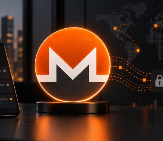 Illustration eines leuchtenden Monero-Logos auf einem Schreibtisch neben einem Smartphone, umgeben von digitalen Datenströmen vor dunklem Finanzhintergrund.