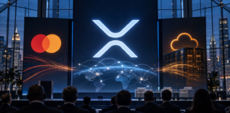 XRP-Logo auf einer Konferenzbühne mit Symbolen für Mastercard und Amazon Web Services