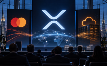 XRP-Logo auf einer Konferenzbühne mit Symbolen für Mastercard und Amazon Web Services