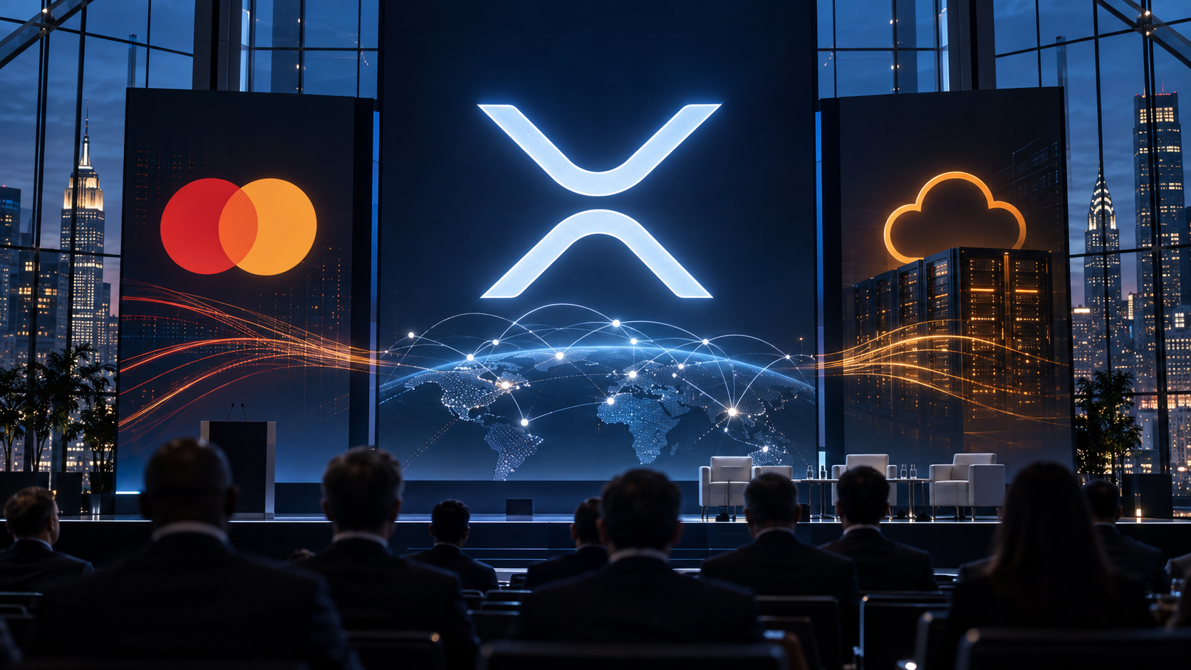 XRP-Logo auf einer Konferenzbühne mit Symbolen für Mastercard und Amazon Web Services