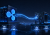 Ripple-Logo vor digitaler Finanzinfrastruktur mit Datenströmen und sicherem Verwahrungstresor