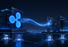 Ripple-Logo vor digitaler Finanzinfrastruktur mit Datenströmen und sicherem Verwahrungstresor