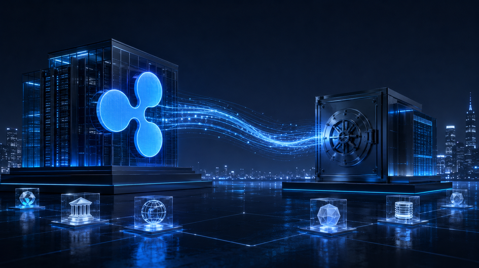 Ripple-Logo vor digitaler Finanzinfrastruktur mit Datenströmen und sicherem Verwahrungstresor